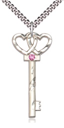 [6212SS-STN10/24S] Sterling Silver Key w/Double Hearts Pendant with a 3mm Rose Swarovski stone on a 24 inch Light Rhodium Heavy Curb chain