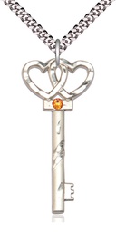[6212SS-STN11/24S] Sterling Silver Key w/Double Hearts Pendant with a 3mm Topaz Swarovski stone on a 24 inch Light Rhodium Heavy Curb chain