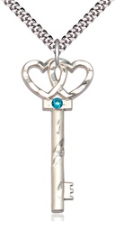 [6212SS-STN12/24S] Sterling Silver Key w/Double Hearts Pendant with a 3mm Zircon Swarovski stone on a 24 inch Light Rhodium Heavy Curb chain