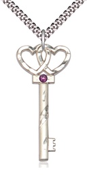 [6212SS-STN2/24S] Sterling Silver Key w/Double Hearts Pendant with a 3mm Amethyst Swarovski stone on a 24 inch Light Rhodium Heavy Curb chain