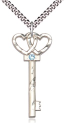 [6212SS-STN3/24S] Sterling Silver Key w/Double Hearts Pendant with a 3mm Aqua Swarovski stone on a 24 inch Light Rhodium Heavy Curb chain