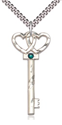 [6212SS-STN5/24S] Sterling Silver Key w/Double Hearts Pendant with a 3mm Emerald Swarovski stone on a 24 inch Light Rhodium Heavy Curb chain
