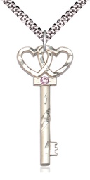 [6212SS-STN6/24S] Sterling Silver Key w/Double Hearts Pendant with a 3mm Light Amethyst Swarovski stone on a 24 inch Light Rhodium Heavy Curb chain