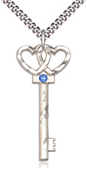 [6212SS-STN9/24S] Sterling Silver Key w/Double Hearts Pendant with a 3mm Sapphire Swarovski stone on a 24 inch Light Rhodium Heavy Curb chain