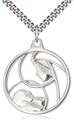 [6224SS/24S] Sterling Silver Madonna &amp; Child Pendant on a 24 inch Light Rhodium Heavy Curb chain