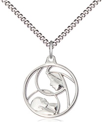 [6225SS/18S] Sterling Silver Madonna &amp; Child Pendant on a 18 inch Light Rhodium Light Curb chain