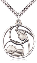 [6228SS/24S] Sterling Silver Madonna &amp; Child Pendant on a 24 inch Light Rhodium Heavy Curb chain
