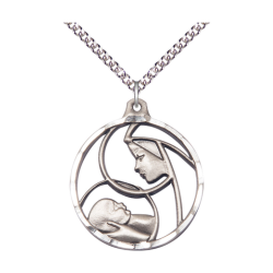 [6228SS/24SS] Sterling Silver Madonna &amp; Child Pendant on a 24 inch Sterling Silver Heavy Curb chain