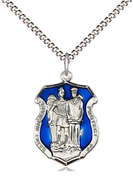 [6263ESS/18S] Sterling Silver Saint Michael the Archangel Police Shield Pendant on a 18 inch Light Rhodium Light Curb chain