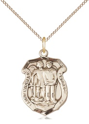 [6263GF/18GF] 14kt Gold Filled Saint Michael the Archangel Police Shield Pendant on a 18 inch Gold Filled Light Curb chain