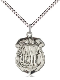 [6263SS/18S] Sterling Silver Saint Michael the Archangel Police Shield Pendant on a 18 inch Light Rhodium Light Curb chain