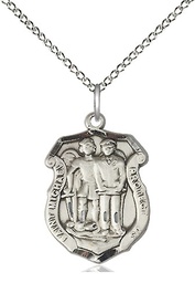 [6263SS/18SS] Sterling Silver Saint Michael the Archangel Police Shield Pendant on a 18 inch Sterling Silver Light Curb chain