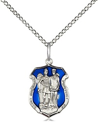 [6264ESS/18SS] Sterling Silver Saint Michael the Archangel Police Shield Pendant on a 18 inch Sterling Silver Light Curb chain