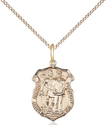 [6264GF/18GF] 14kt Gold Filled Saint Michael the Archangel Police Shield Pendant on a 18 inch Gold Filled Light Curb chain