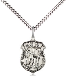 [6264SS/18S] Sterling Silver Saint Michael the Archangel Police Shield Pendant on a 18 inch Light Rhodium Light Curb chain