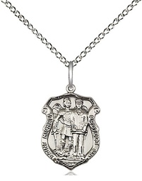 [6264SS/18SS] Sterling Silver Saint Michael the Archangel Police Shield Pendant on a 18 inch Sterling Silver Light Curb chain