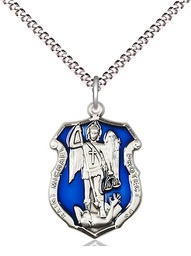 [6275ESS/18S] Sterling Silver Saint Michael the Archangel Shield Pendant on a 18 inch Light Rhodium Light Curb chain