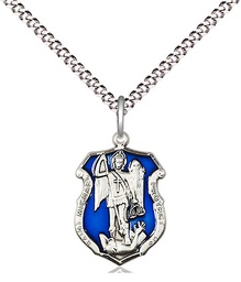 [6276ESS/18S] Sterling Silver Saint Michael the Archangel Shield Pendant on a 18 inch Light Rhodium Light Curb chain