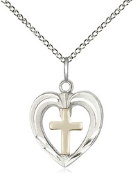 [6278GF/SS/18SS] Two-Tone GF/SS Heart / Cross Pendant on a 18 inch Sterling Silver Light Curb chain