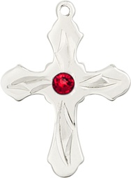 [6036SS5-STN7] Sterling Silver Cross Medal with a 3mm Ruby Swarovski stone