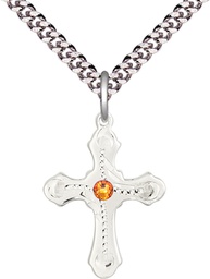 [6036SS6-STN11/24S] Sterling Silver Cross Pendant with a 3mm Topaz Swarovski stone on a 24 inch Light Rhodium Heavy Curb chain