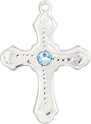 [6036SS6-STN3] Sterling Silver Cross Medal with a 3mm Aqua Swarovski stone