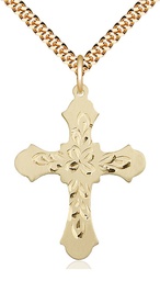 [6037GF3/24G] 14kt Gold Filled Cross Pendant on a 24 inch Gold Plate Heavy Curb chain