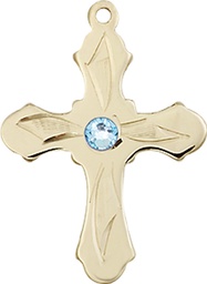 [6036KT5-STN3] 14kt Gold Cross Medal with a 3mm Aqua Swarovski stone