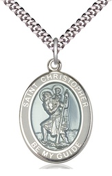 [7022WBSS/24S] Sterling Silver Saint Christopher Pendant on a 24 inch Light Rhodium Heavy Curb chain