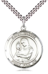 [7028RDSS/24S] Sterling Silver Saint Clare of Assisi Pendant on a 24 inch Light Rhodium Heavy Curb chain