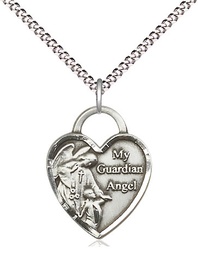 [3202SS/18S] Sterling Silver Guardian Angel Heart Pendant on a 18 inch Light Rhodium Light Curb chain