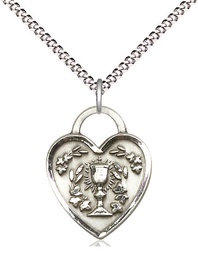 [3204SS/18S] Sterling Silver Communion Heart Pendant on a 18 inch Light Rhodium Light Curb chain