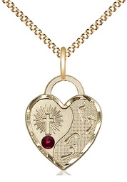 [3207GF-STN1/18G] 14kt Gold Filled Footprints Heart Pendant with a 3mm Garnet Swarovski stone on a 18 inch Gold Plate Light Curb chain