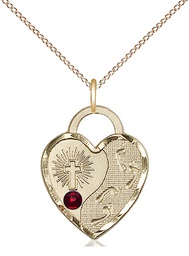 [3207GF-STN1/18GF] 14kt Gold Filled Footprints Heart Pendant with a 3mm Garnet Swarovski stone on a 18 inch Gold Filled Light Curb chain