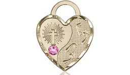 [3207GF-STN10] 14kt Gold Filled Footprints Heart Medal with a 3mm Rose Swarovski stone