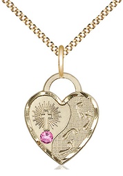 [3207GF-STN10/18G] 14kt Gold Filled Footprints Heart Pendant with a 3mm Rose Swarovski stone on a 18 inch Gold Plate Light Curb chain
