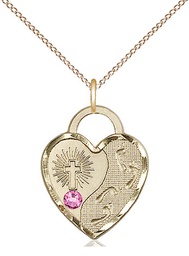 [3207GF-STN10/18GF] 14kt Gold Filled Footprints Heart Pendant with a 3mm Rose Swarovski stone on a 18 inch Gold Filled Light Curb chain