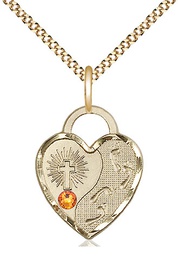 [3207GF-STN11/18G] 14kt Gold Filled Footprints Heart Pendant with a 3mm Topaz Swarovski stone on a 18 inch Gold Plate Light Curb chain