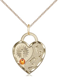 [3207GF-STN11/18GF] 14kt Gold Filled Footprints Heart Pendant with a 3mm Topaz Swarovski stone on a 18 inch Gold Filled Light Curb chain