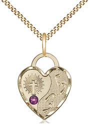 [3207GF-STN2/18G] 14kt Gold Filled Footprints Heart Pendant with a 3mm Amethyst Swarovski stone on a 18 inch Gold Plate Light Curb chain