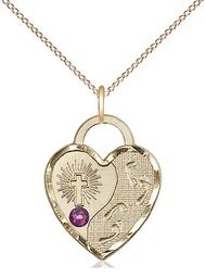 [3207GF-STN2/18GF] 14kt Gold Filled Footprints Heart Pendant with a 3mm Amethyst Swarovski stone on a 18 inch Gold Filled Light Curb chain
