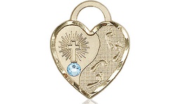 [3207GF-STN3] 14kt Gold Filled Footprints Heart Medal with a 3mm Aqua Swarovski stone