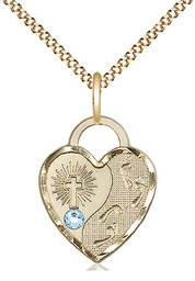 [3207GF-STN3/18G] 14kt Gold Filled Footprints Heart Pendant with a 3mm Aqua Swarovski stone on a 18 inch Gold Plate Light Curb chain