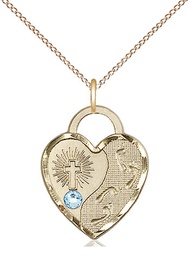 [3207GF-STN3/18GF] 14kt Gold Filled Footprints Heart Pendant with a 3mm Aqua Swarovski stone on a 18 inch Gold Filled Light Curb chain