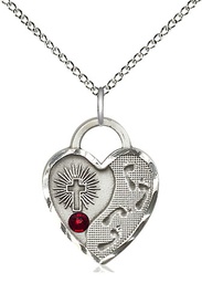 [3207SS-STN1/18SS] Sterling Silver Footprints Heart Pendant with a 3mm Garnet Swarovski stone on a 18 inch Sterling Silver Light Curb chain