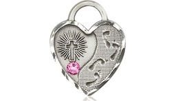[3207SS-STN10] Sterling Silver Footprints Heart Medal with a 3mm Rose Swarovski stone