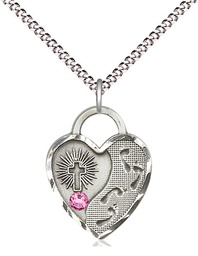 [3207SS-STN10/18S] Sterling Silver Footprints Heart Pendant with a 3mm Rose Swarovski stone on a 18 inch Light Rhodium Light Curb chain