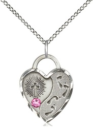 [3207SS-STN10/18SS] Sterling Silver Footprints Heart Pendant with a 3mm Rose Swarovski stone on a 18 inch Sterling Silver Light Curb chain