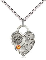 [3207SS-STN11/18S] Sterling Silver Footprints Heart Pendant with a 3mm Topaz Swarovski stone on a 18 inch Light Rhodium Light Curb chain