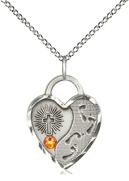 [3207SS-STN11/18SS] Sterling Silver Footprints Heart Pendant with a 3mm Topaz Swarovski stone on a 18 inch Sterling Silver Light Curb chain